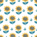 Seamless pattern with cartoon sunflower. vector flat style. nature theme. hand drawing. Royalty Free Stock Photo